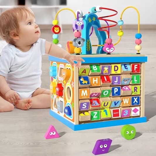 Wooden Activity Play Cube 5Side Activity Center Learn Puzzle Toy Early