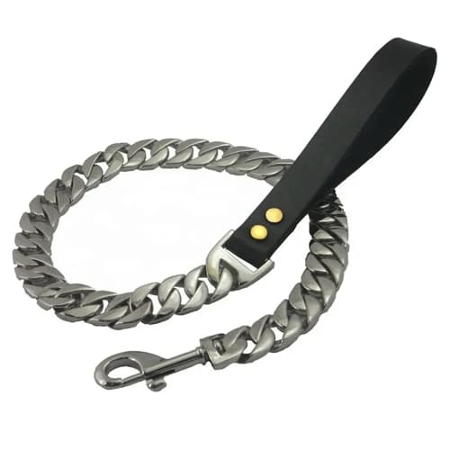 SILVER CUBAN dog lead chain with snap hook and leather handle Shop Xtreme